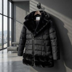 Луксозно зимно дамско яке с пухена якя в черно L-XXL размер внос от ИТАЛИЯ.