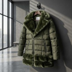 Луксозно зимно дамско яке с пухена якя в зелено L-XXL размер внос от ИТАЛИЯ.